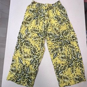 C&C California | Yellow & Green Palm Leaf Tropical Wide Leg Pull-on Linen Pants